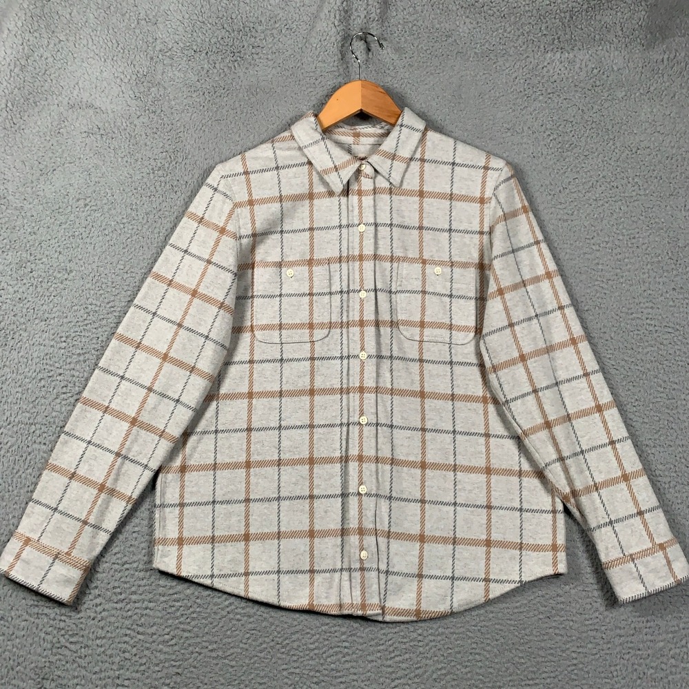 Faherty Legend Sweater Shirt Women Large Open Tundra Windowpane Plaid Tan Grey L